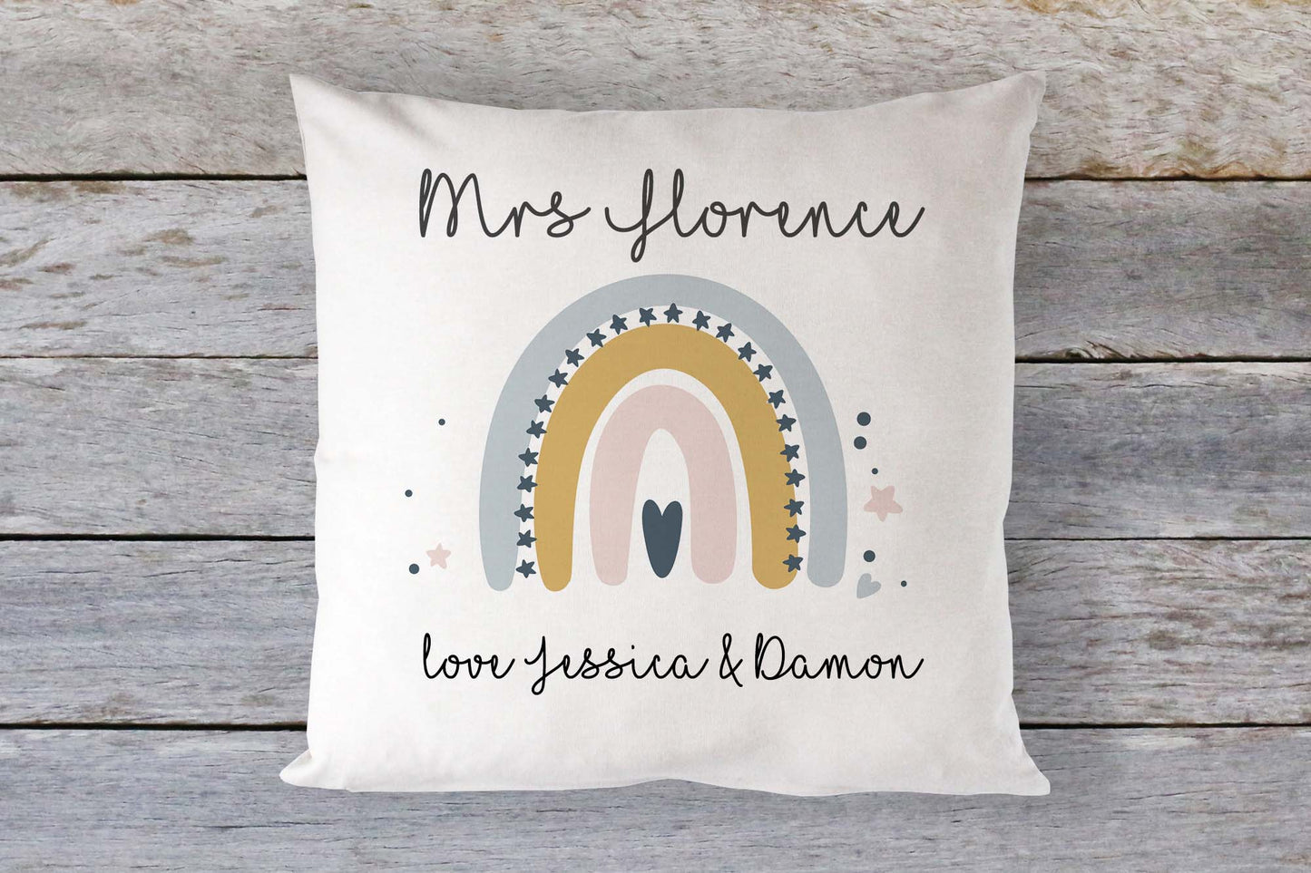 Personalised teacher cushion gift with pastel rainbow design and name 'Mrs Florence' – custom thank you pillow from students with message 'love Jessica & Damon', perfect for end-of-year teacher appreciation