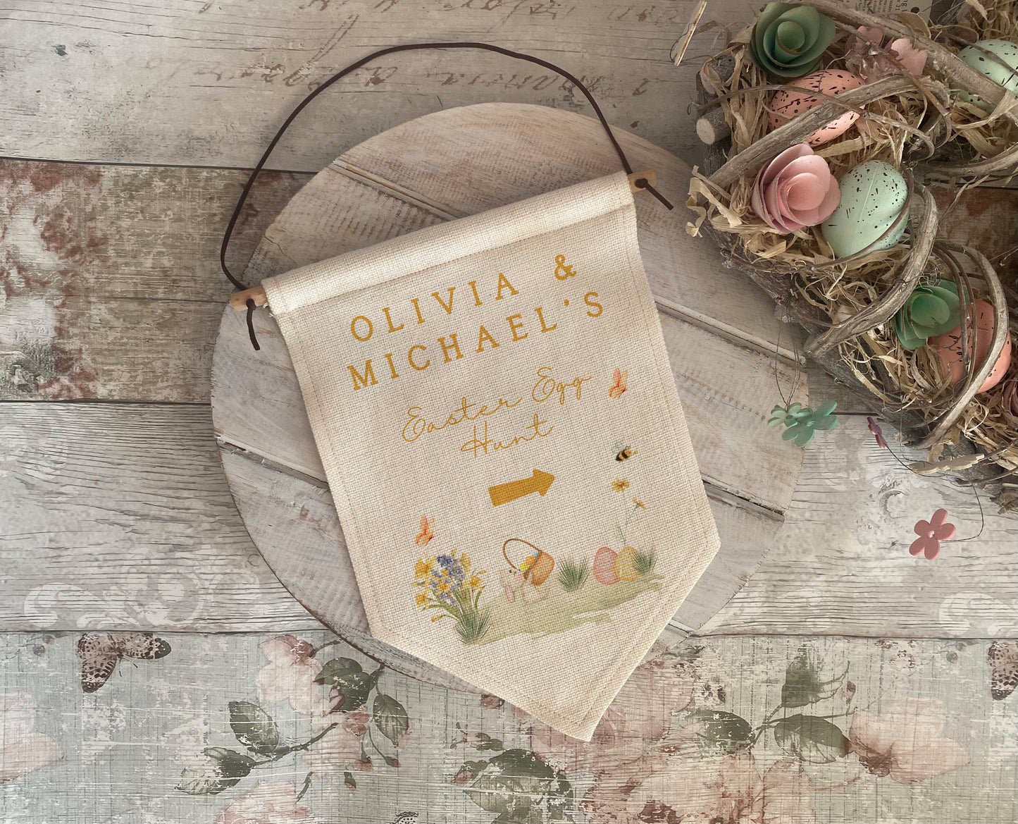 Custom linen Easter banner with yellow text, bunny basket and spring flowers, ideal for kids' Easter egg hunt decoration