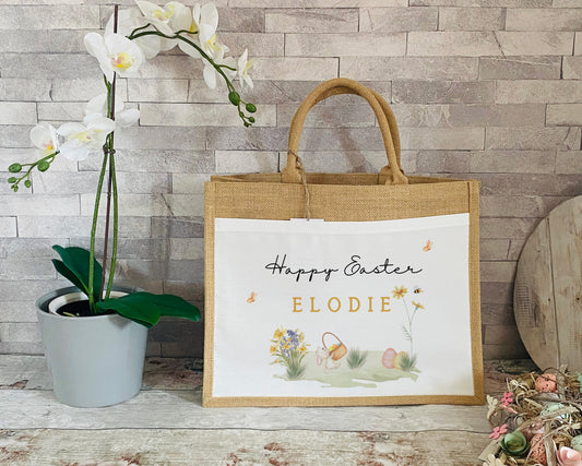 Custom Happy Easter jute bag with floral and bunny design, personalised with child's name, ideal for Easter gifts or egg hunts