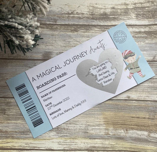 Boarding pass-style invitation for a magical journey on a wooden surface