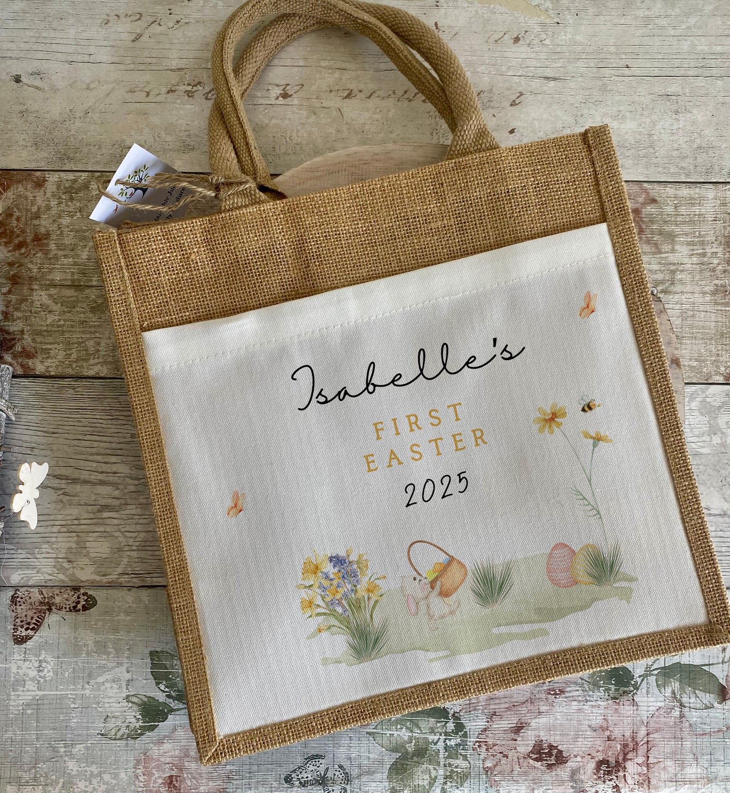 Personalised Easter Bag, First Easter Gift, 1st Easter Gifts, Large Easter Egg Jute Tote, Easter 2025