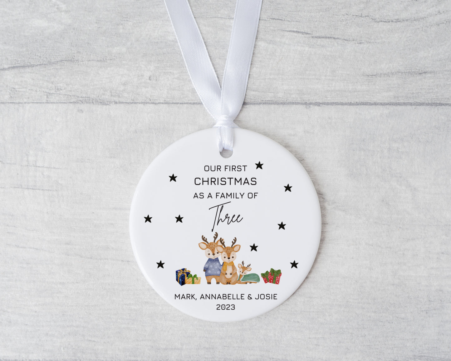 Unique personalised family of three first Christmas 2023 ornament – ceramic tree decoration with custom names and reindeer design gift