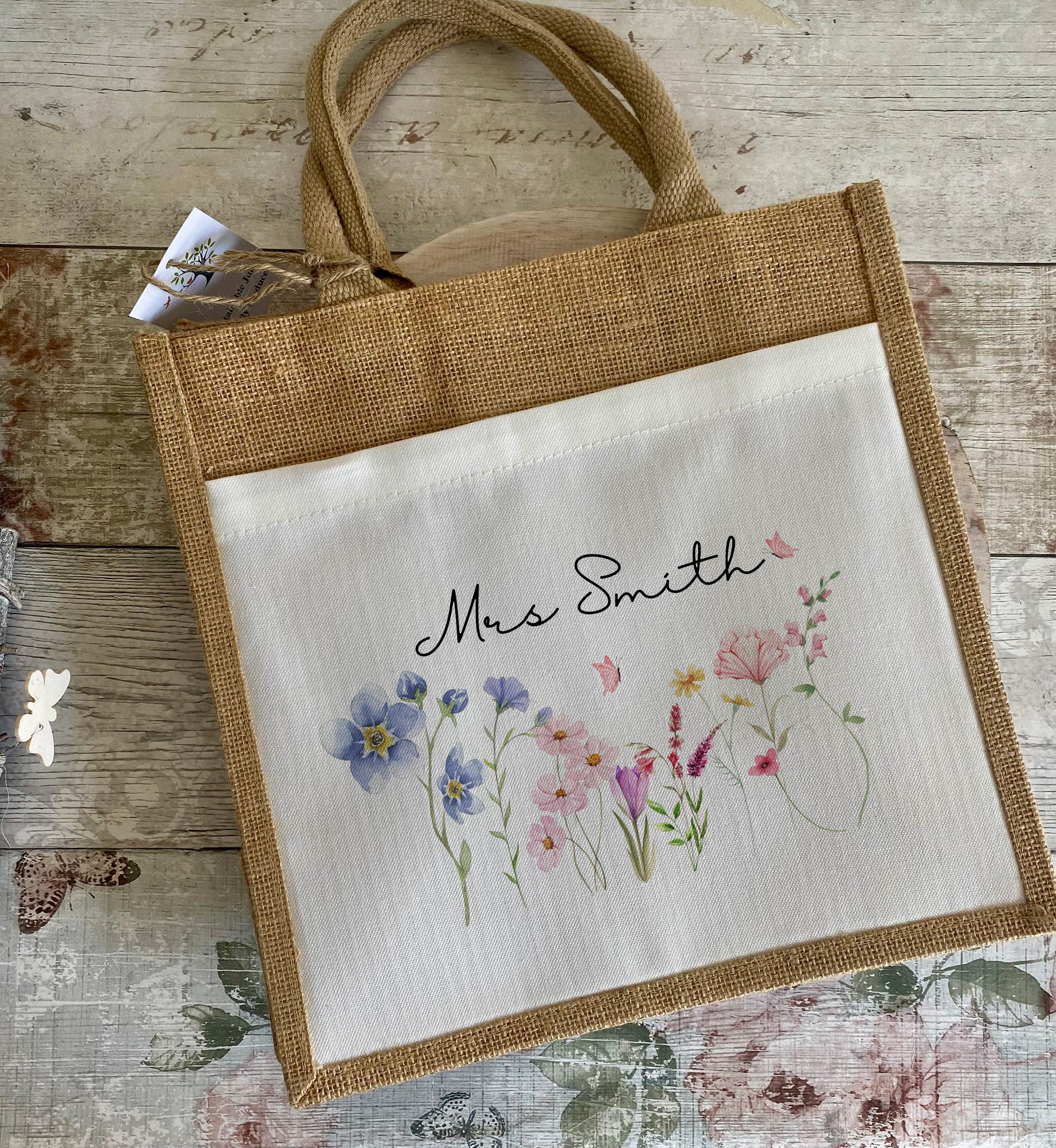 Small Personalised Teacher Jute Bag with flower motif