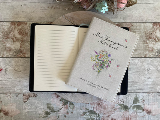 Personalised floral notebook gift for teacher – ‘Mrs Thompson’s Notebook’ with wildflower design and message ‘Thank you for helping me grow’