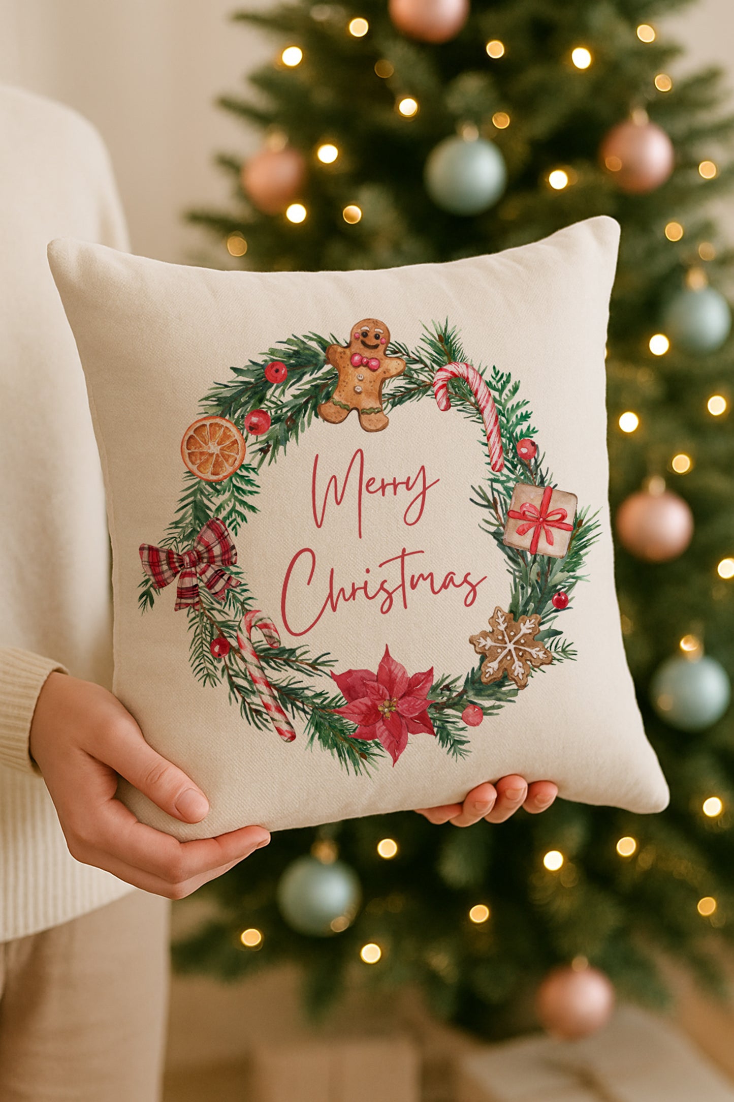 Gingerbread Wreath Merry Christmas Cushion