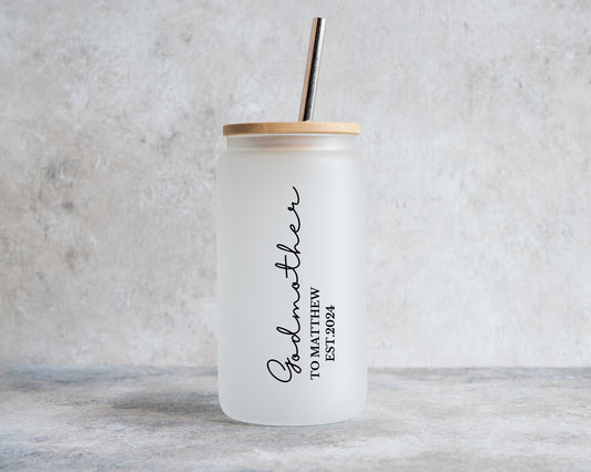 Personalised frosted glass tumbler with bamboo lid and metal straw, featuring the vertical inscription “Godmother to Matthew EST. 2024” – a custom gift for a new godmother.