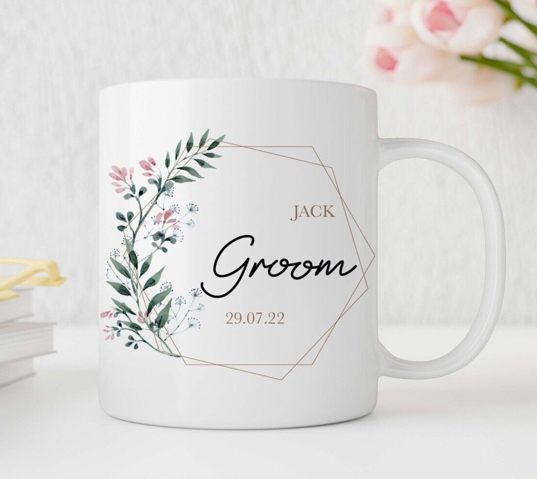 Personalised White mug with floral design and text 'JACK Groom 20.07.22' on a light background