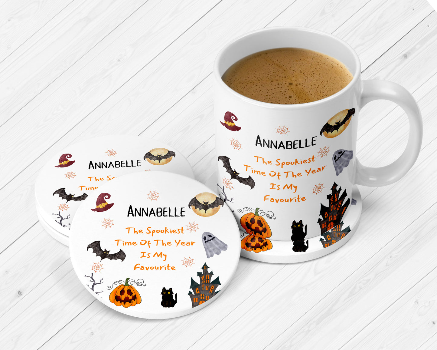 Personalised Halloween mug and coaster set with name, spooky design featuring pumpkins, bats, haunted house, ghost and black cat, custom Halloween gift for kids or adults