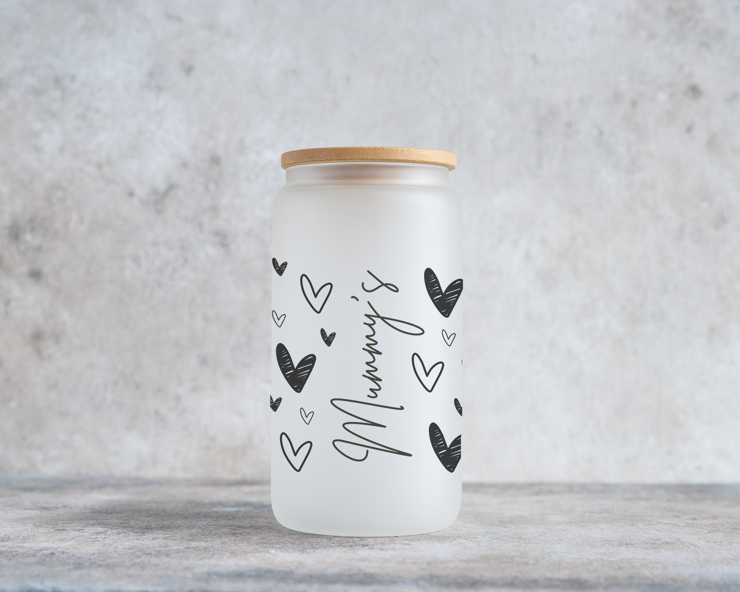 Personalised iced coffee glass can for Mum – frosted glass tumbler with black heart doodles and bamboo lid – custom Mummy’s iced coffee gift – Mother's Day present