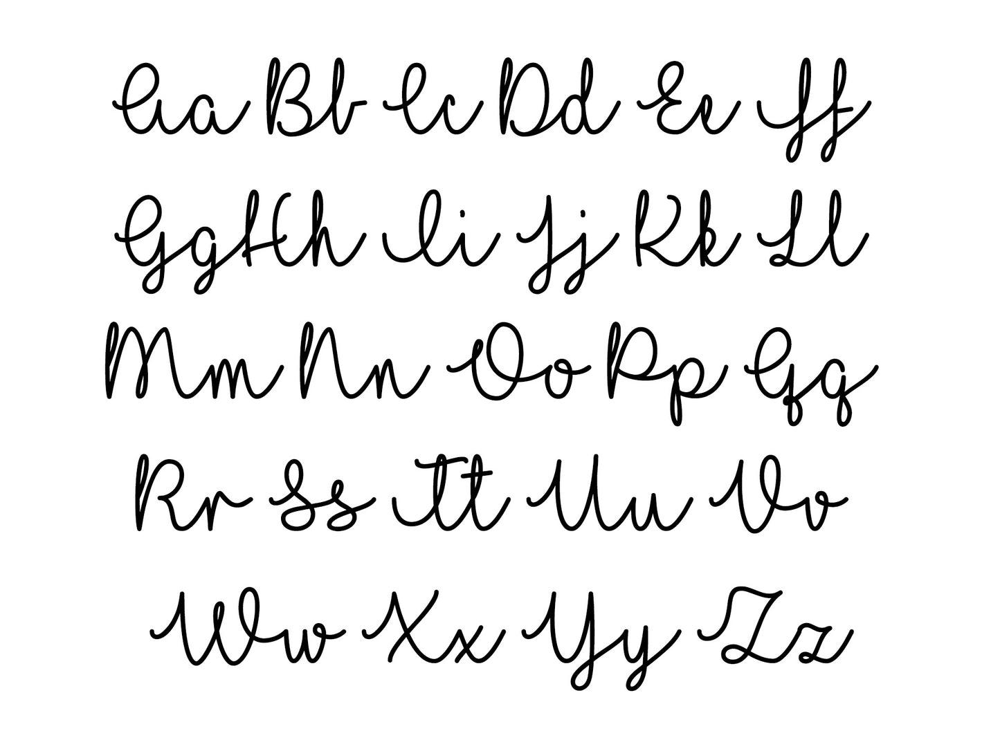 Alphabet in cursive handwriting on a white background