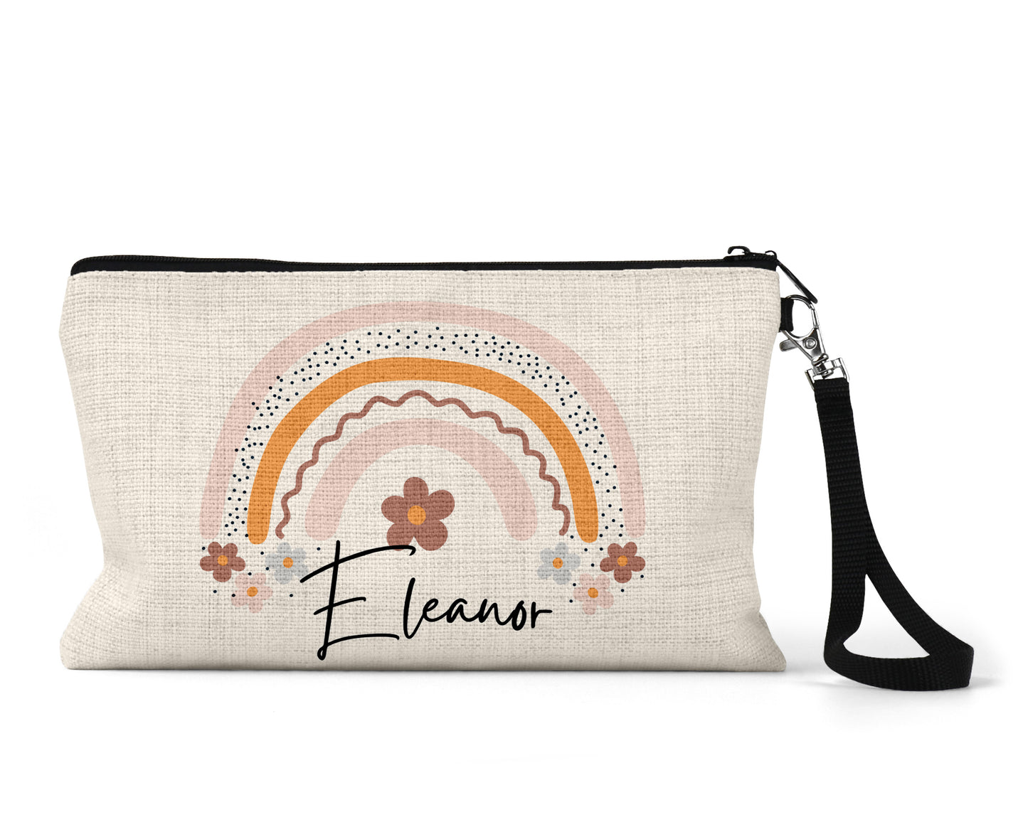 Personalised kids pencil case with name Annabelle and boho rainbow design, custom canvas zip pouch for girls, floral stationery bag with wrist strap