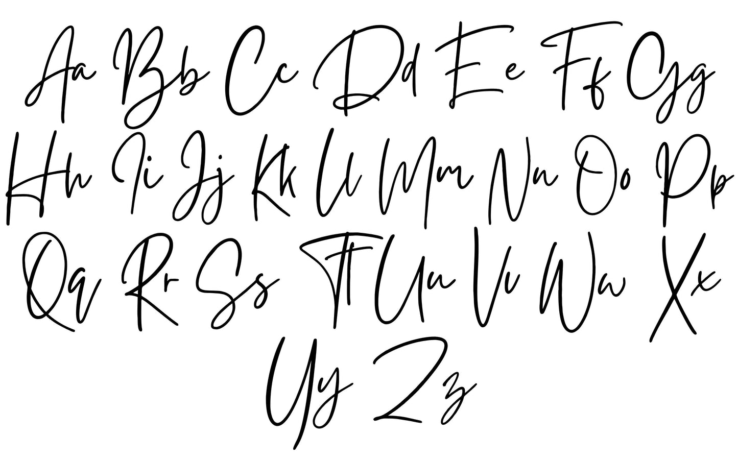 Modern handwritten script font alphabet – uppercase and lowercase letters in a stylish cursive style, perfect for personalised gifts, custom text designs, and typography inspiration.
