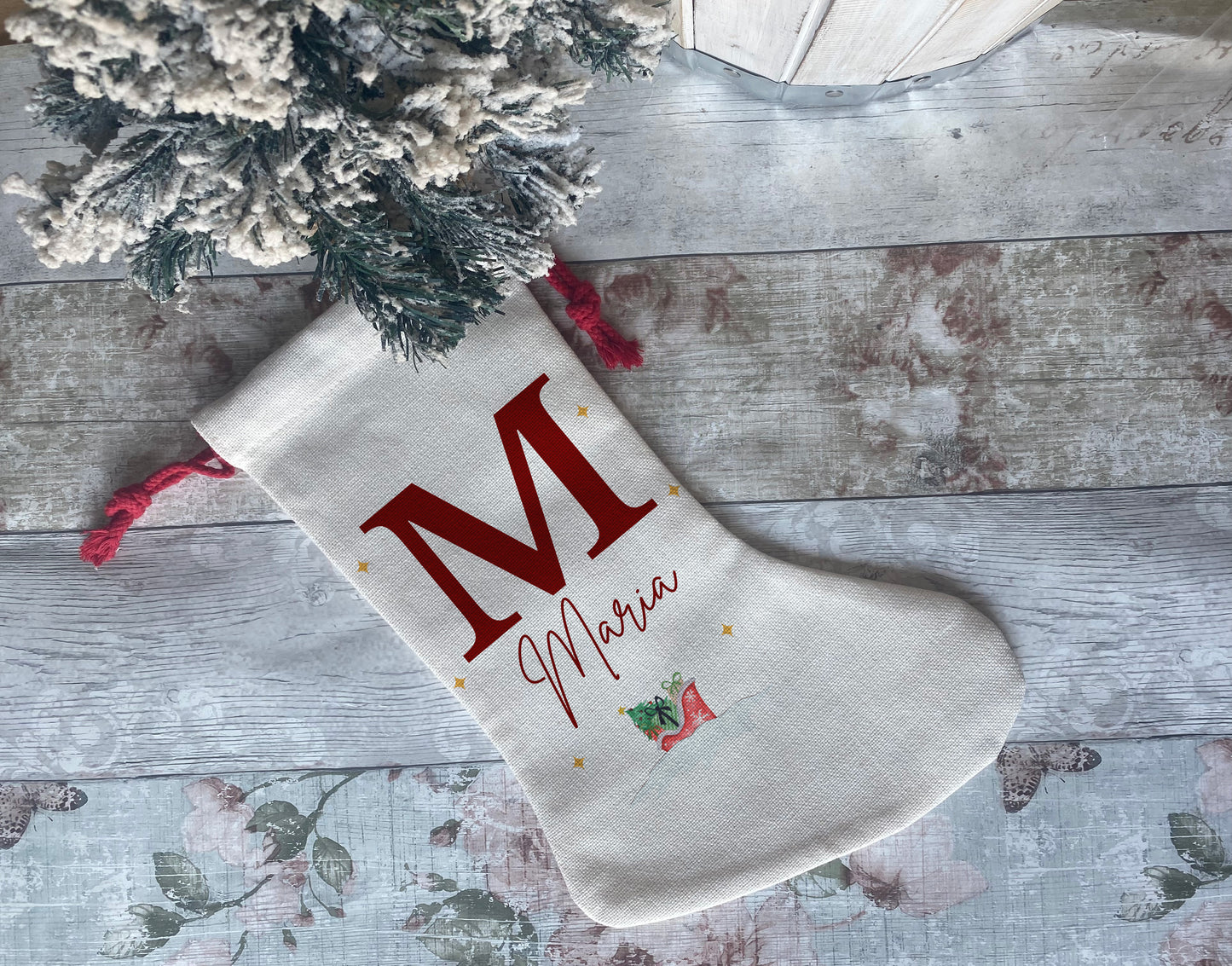 Personalised linen Christmas stocking with large red initial 'M' and custom name 'Maria', festive boot and star design – custom holiday stocking for kids or adults