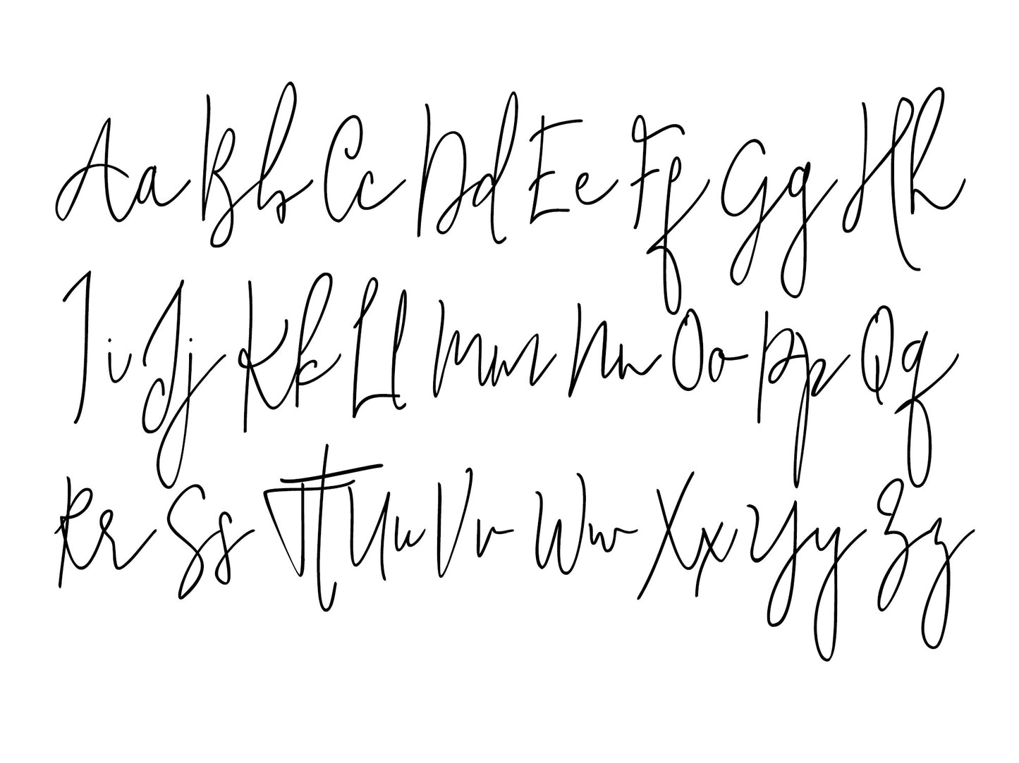 A handwritten cursive alphabet chart showing both uppercase and lowercase letters from A to Z. The font has an elegant, flowing style with long ascenders and descenders, giving it a whimsical and artistic appearance, ideal for personalisation or calligraphy-style projects.