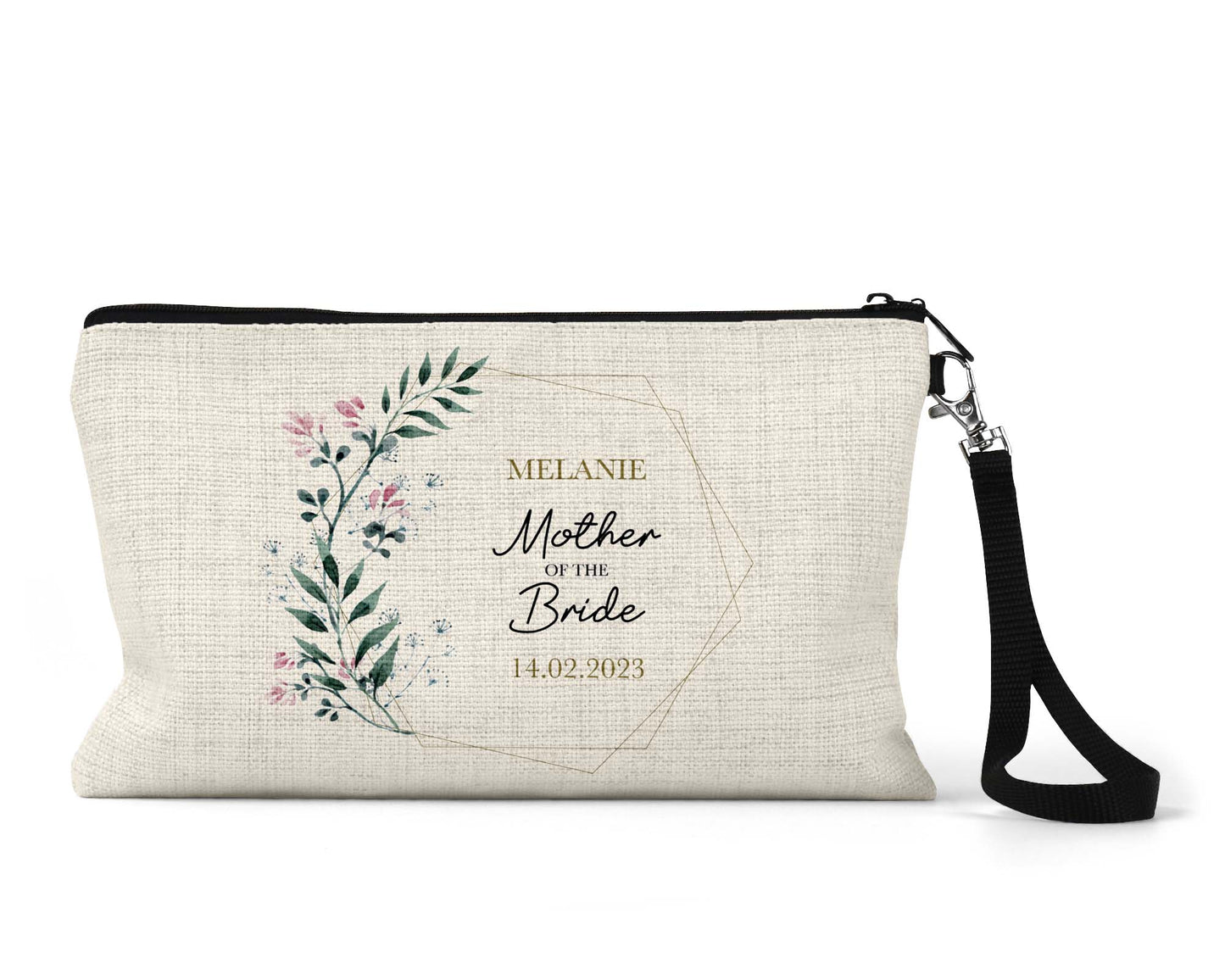Personalised pouch with floral design and text on a white background