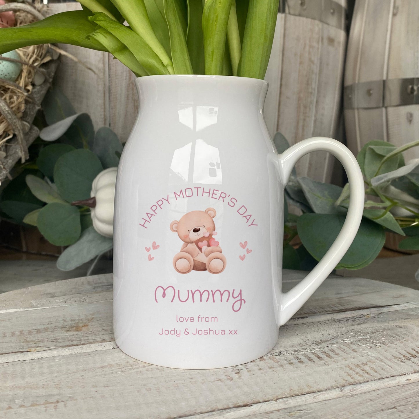 Personalised ceramic jug with 'Happy Mother’s Day Mummy' message, featuring cute teddy bear holding hearts and custom text from children