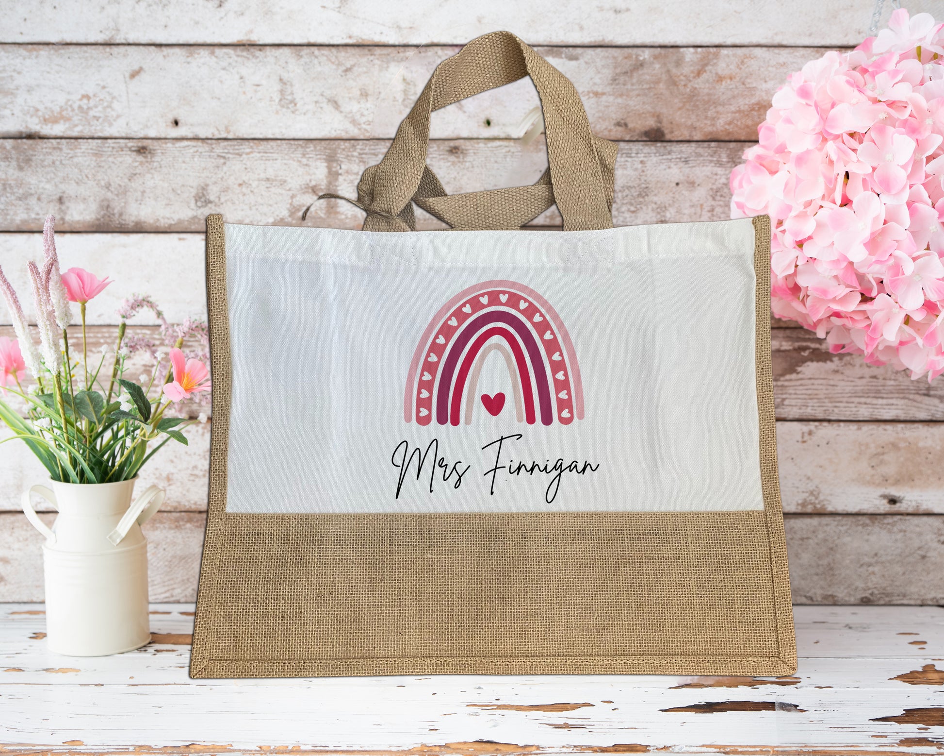 Personalised large jute teacher bag with pink rainbow and heart design, custom name 'Mrs Finnigan' β eco-friendly school tote, ideal teacher thank you or end-of-term gift