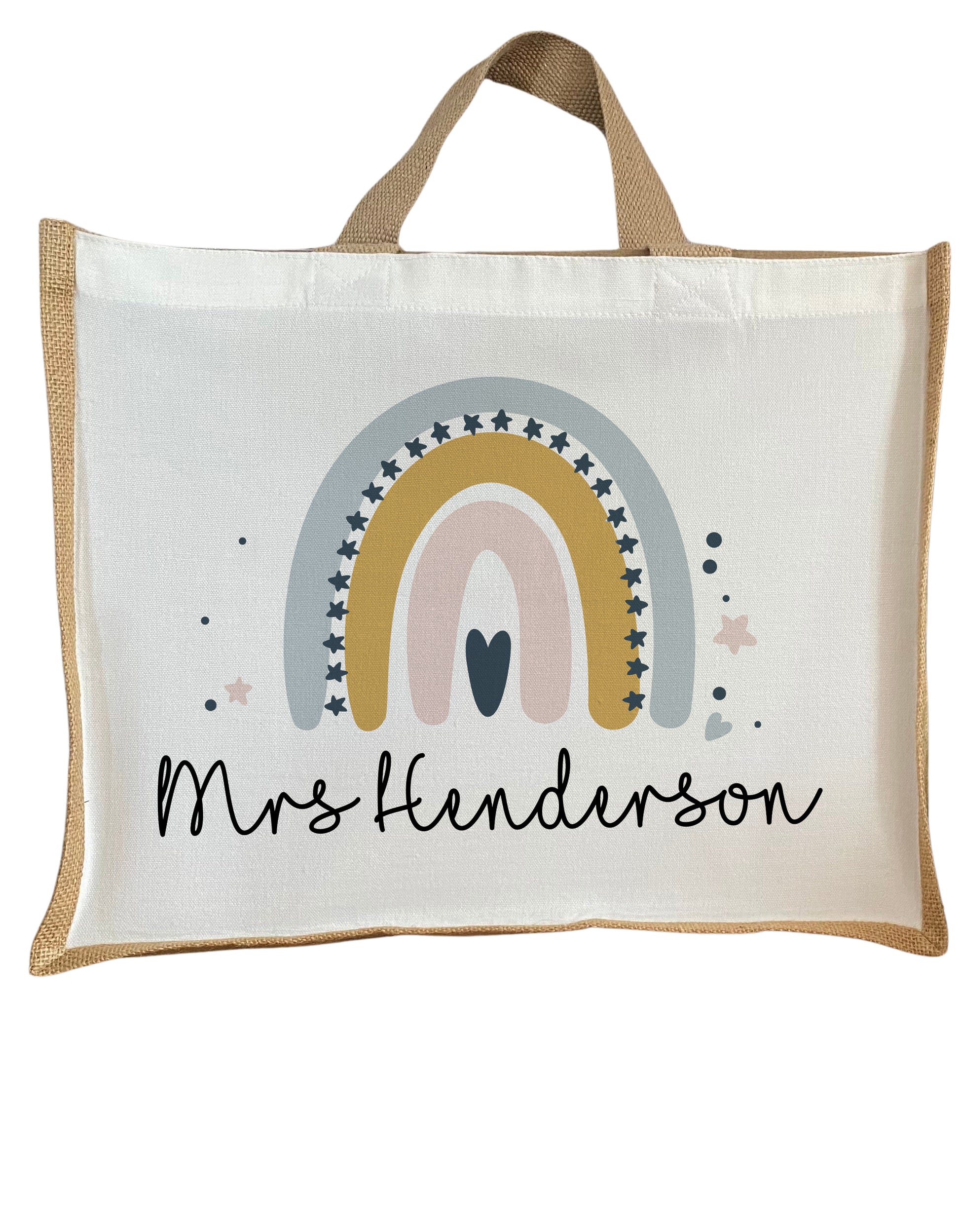 Customisable jute tote bag featuring pastel rainbow and 'Mrs Henderson' – reusable teacher bag made from cotton canvas and hessian
