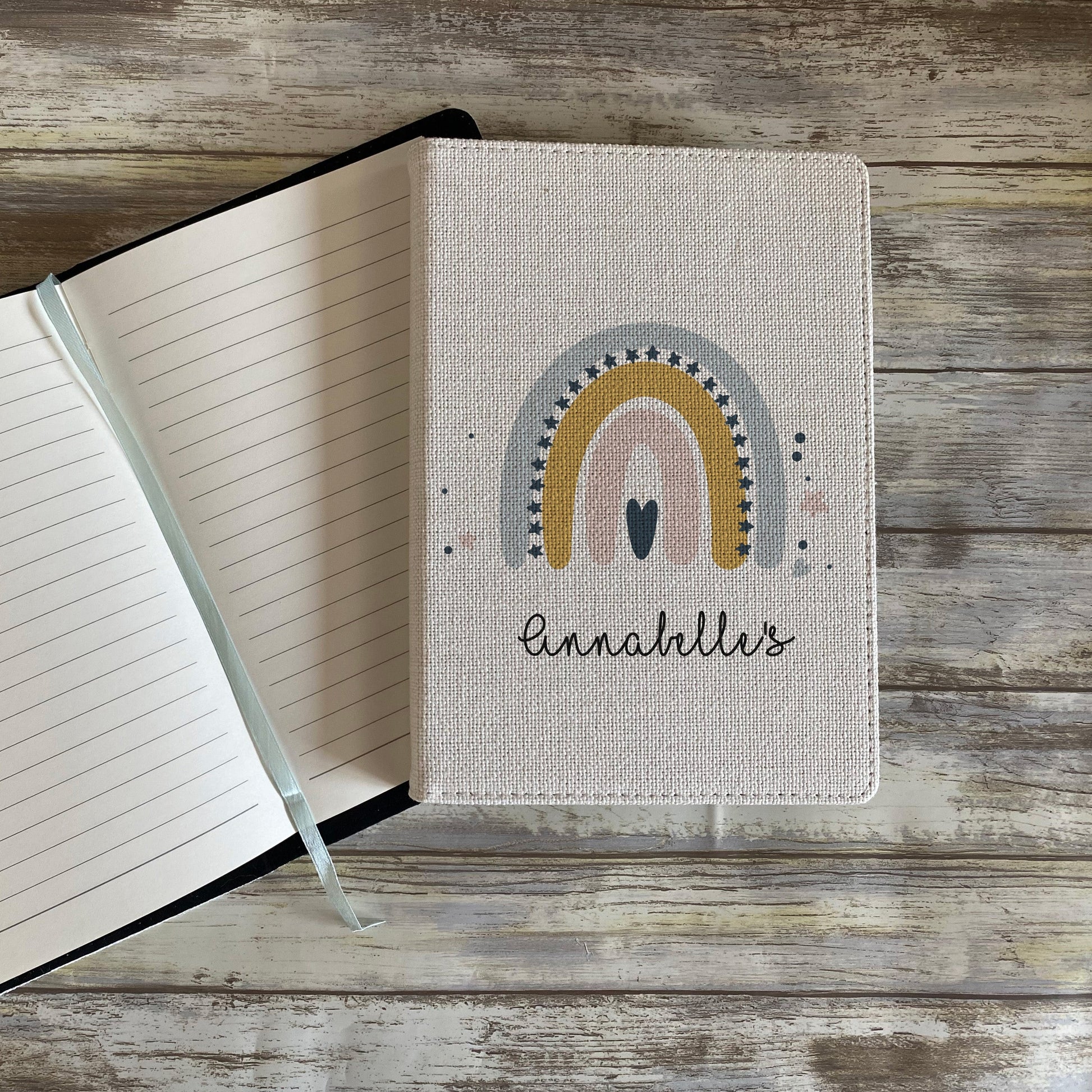 Personalised kids rainbow notebook with custom name Annabelle, A5 linen cover journal with lined pages, gift for girls, back to school stationery