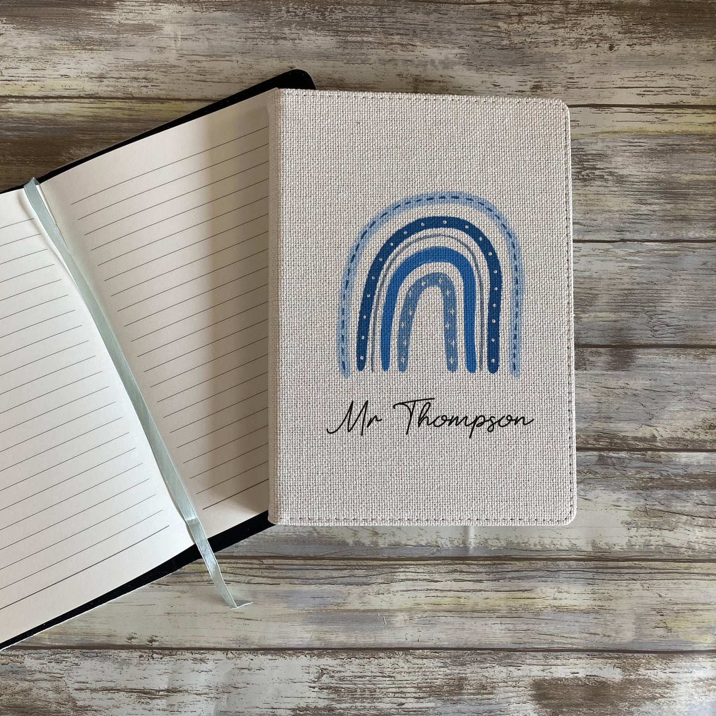 Personalised blue rainbow notebook for teachers with custom name 'Mr Thompson' – unique male teacher gift, back to school stationery or thank you teacher present
