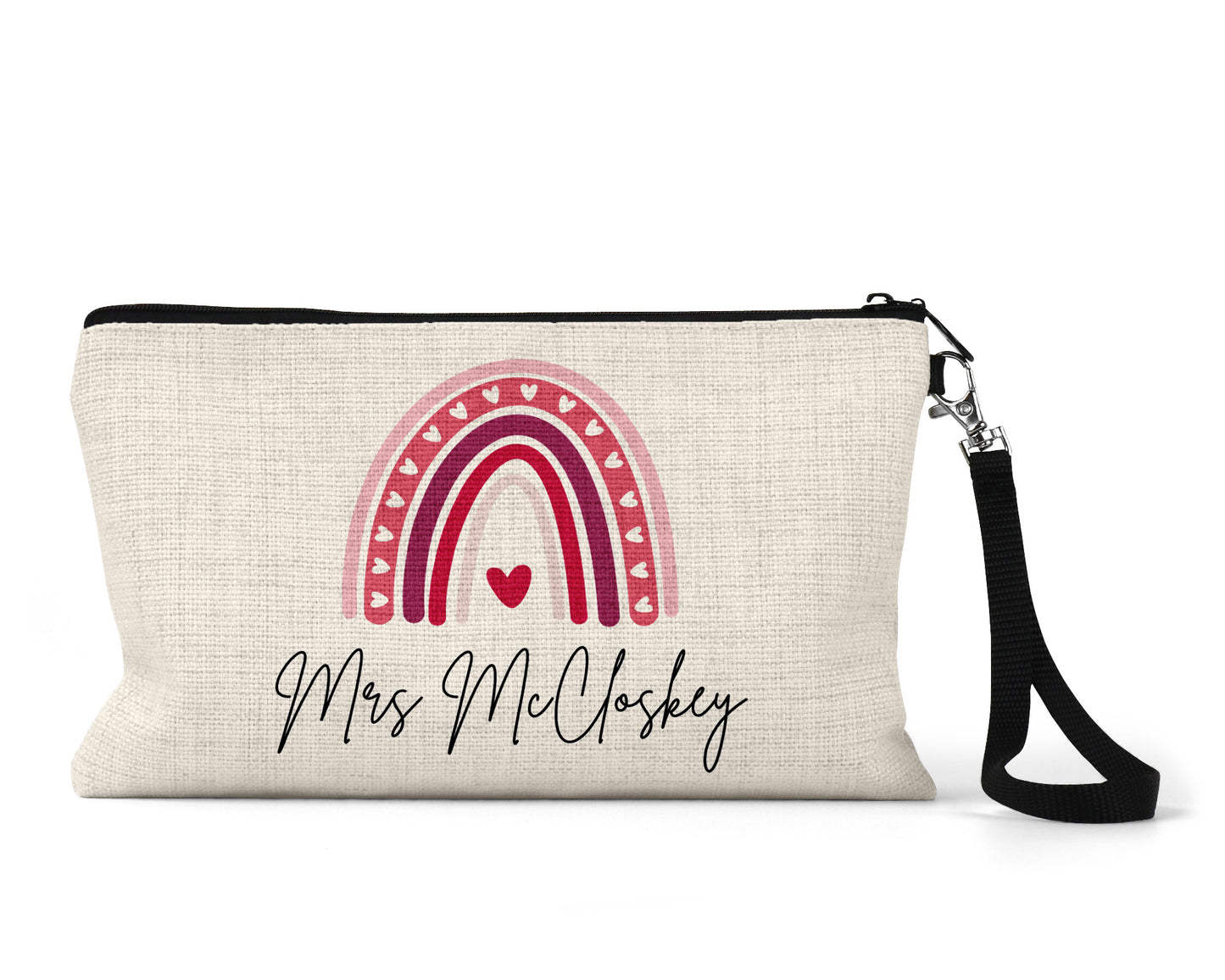 Personalised linen pencil case with pink heart rainbow design and custom name 'Mrs McCloskey' – perfect teacher gift or back-to-school accessory for stationery storage
