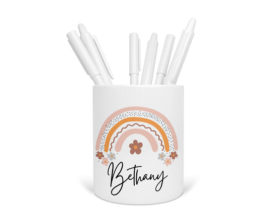 Personalised kids pencil pot with name Bethany and orange rainbow design, custom desk organiser for children, pink floral stationery holder gift for girls
