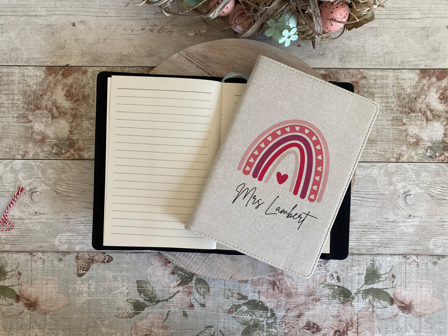 Personalised pink rainbow teacher notebook with heart design and custom name 'Mrs Lambert' – ideal teacher gift, back to school stationery or end-of-year thank you present