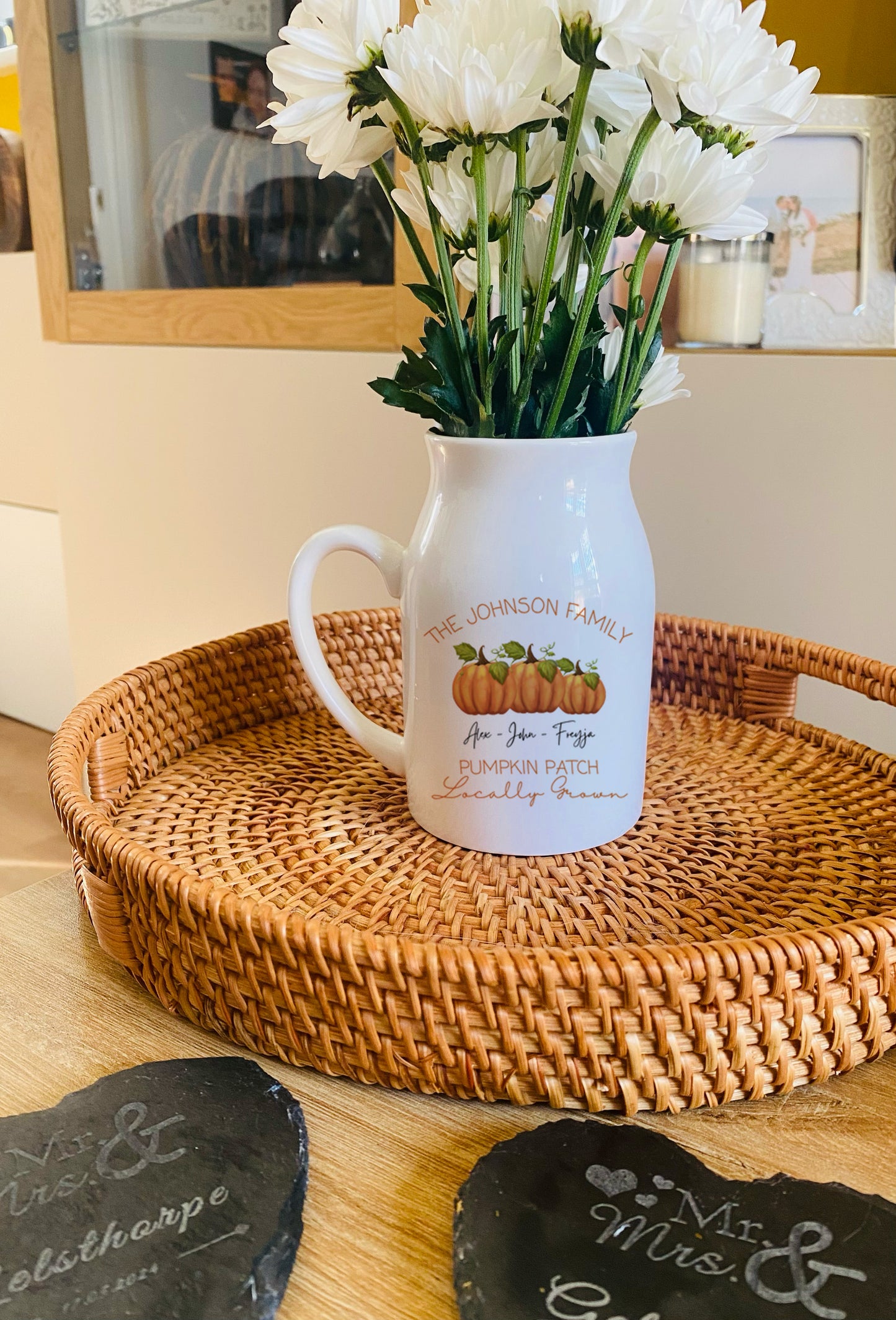 Personalised Autumn Flower Jug, Autumn Vase, Pumpkin Family Decor
