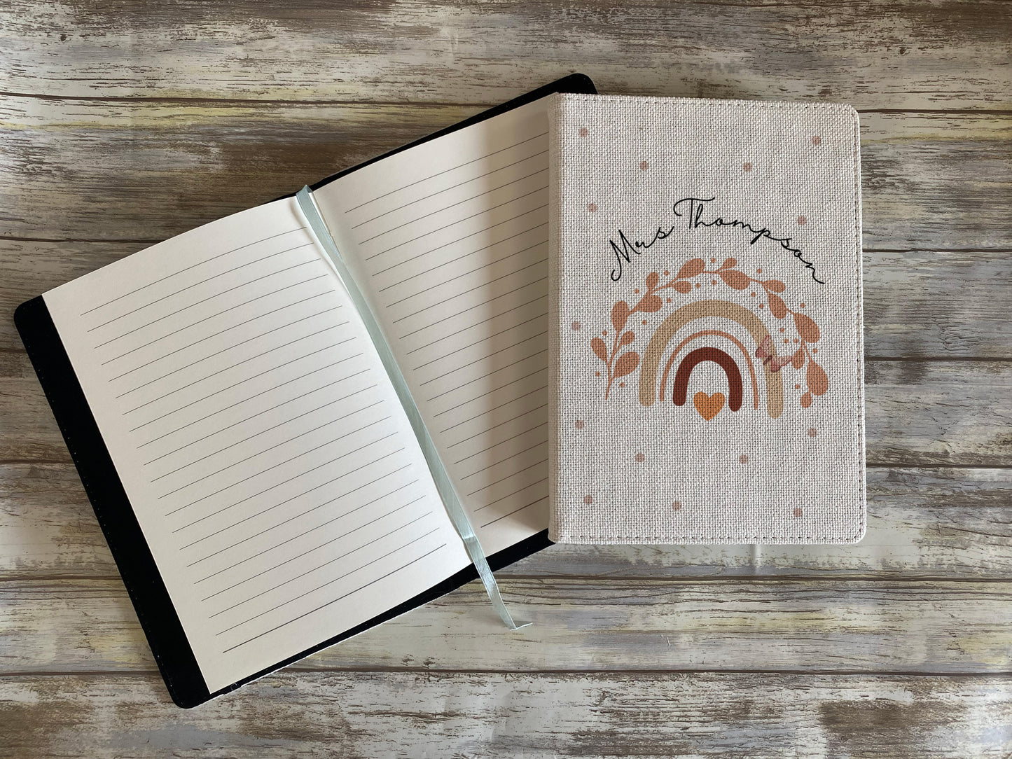Open notebook with decorative bohemian cover on a wooden surface