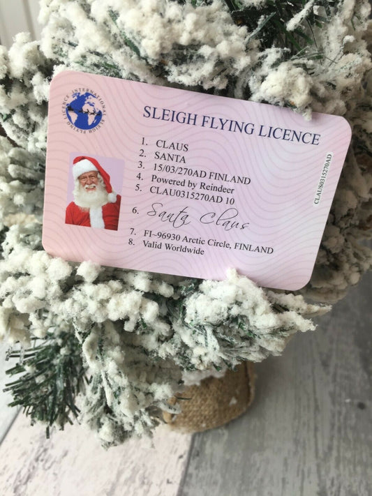 Pink 'Sleigh Flying Licence' card with Santa Claus on a Christmas tree.