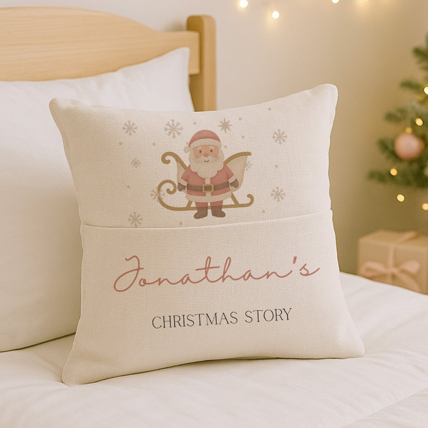 Decorative pillow with 'Jonathan's Christmas Story' text on a bed with a Christmas tree and presents in the background.
