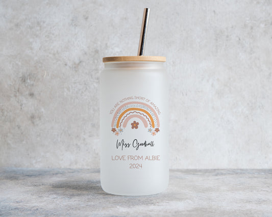 Unique personalised iced coffee glass tumbler teacher gift featuring a rainbow and floral design with bamboo lid and straw – custom thank you present for end of term 2024.