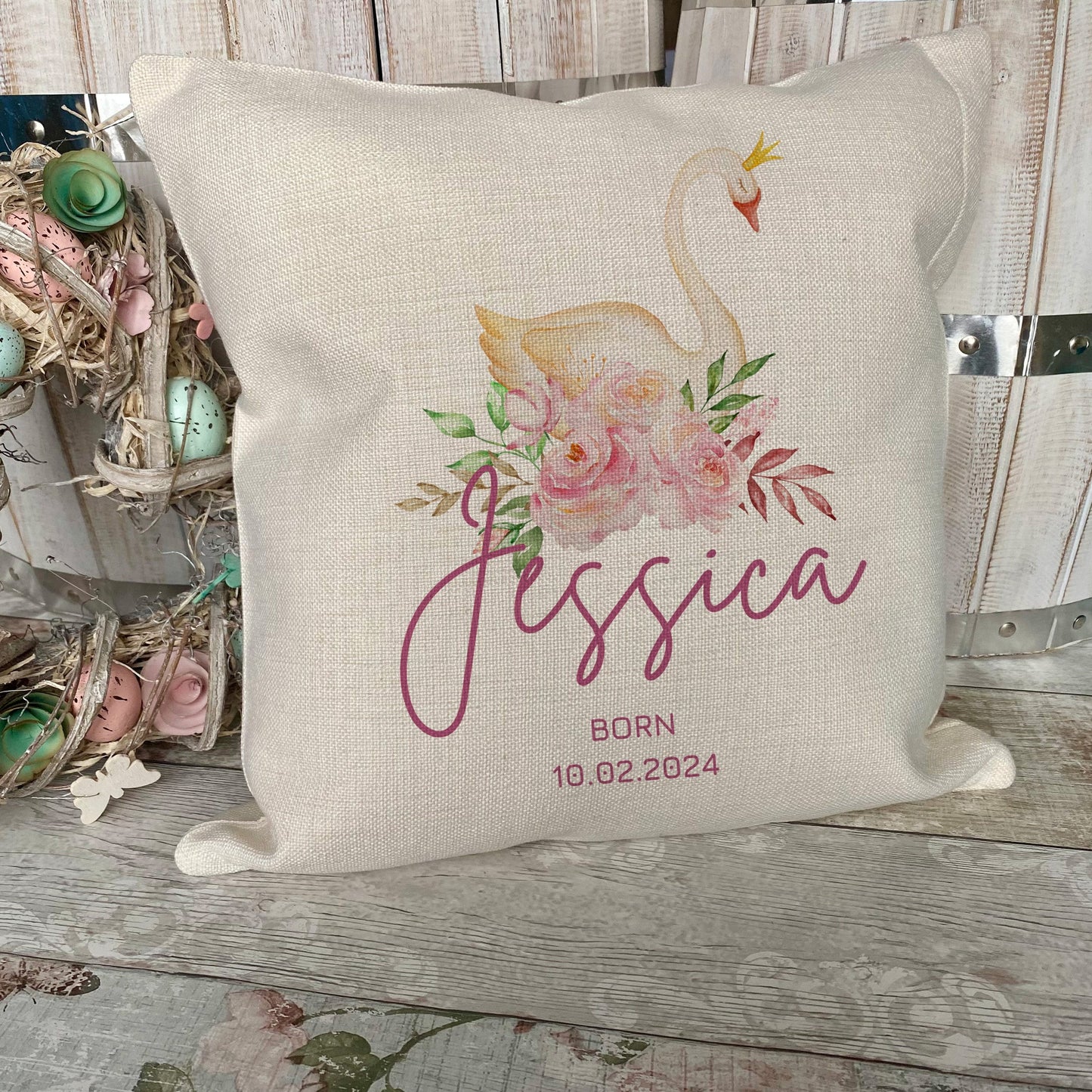 Personalised Swan Cushion - Swan Nursery Decor - New Baby Gift - Christening Keepsake - Baby Girl Gift