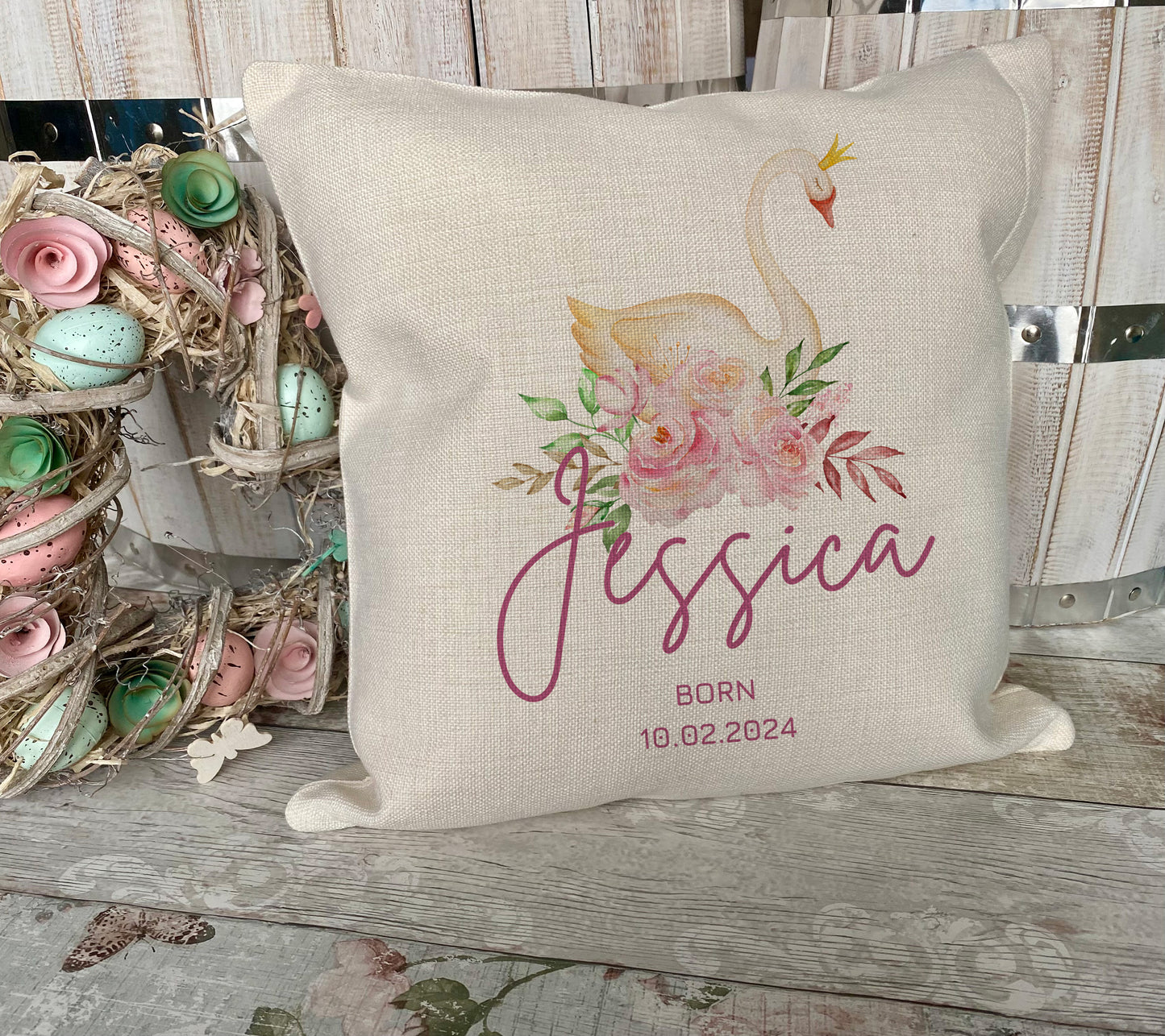 Personalised Swan Cushion - Swan Nursery Decor - New Baby Gift - Christening Keepsake - Baby Girl Gift