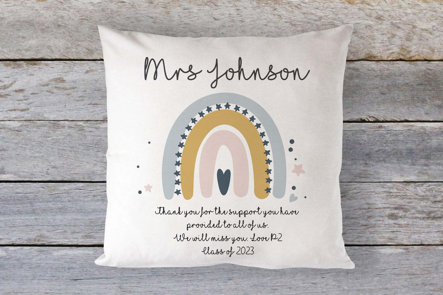 Personalised teacher thank you cushion with name 'Mrs Johnson' and pastel rainbow design – custom end-of-year gift from students with heartfelt message, perfect for classroom decor or teacher appreciation