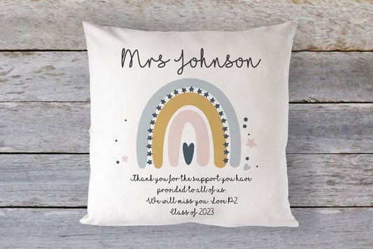 Personalised teacher thank you cushion with name 'Mrs Johnson' and pastel rainbow design – custom end-of-year gift from students with heartfelt message, perfect for classroom decor or teacher appreciation