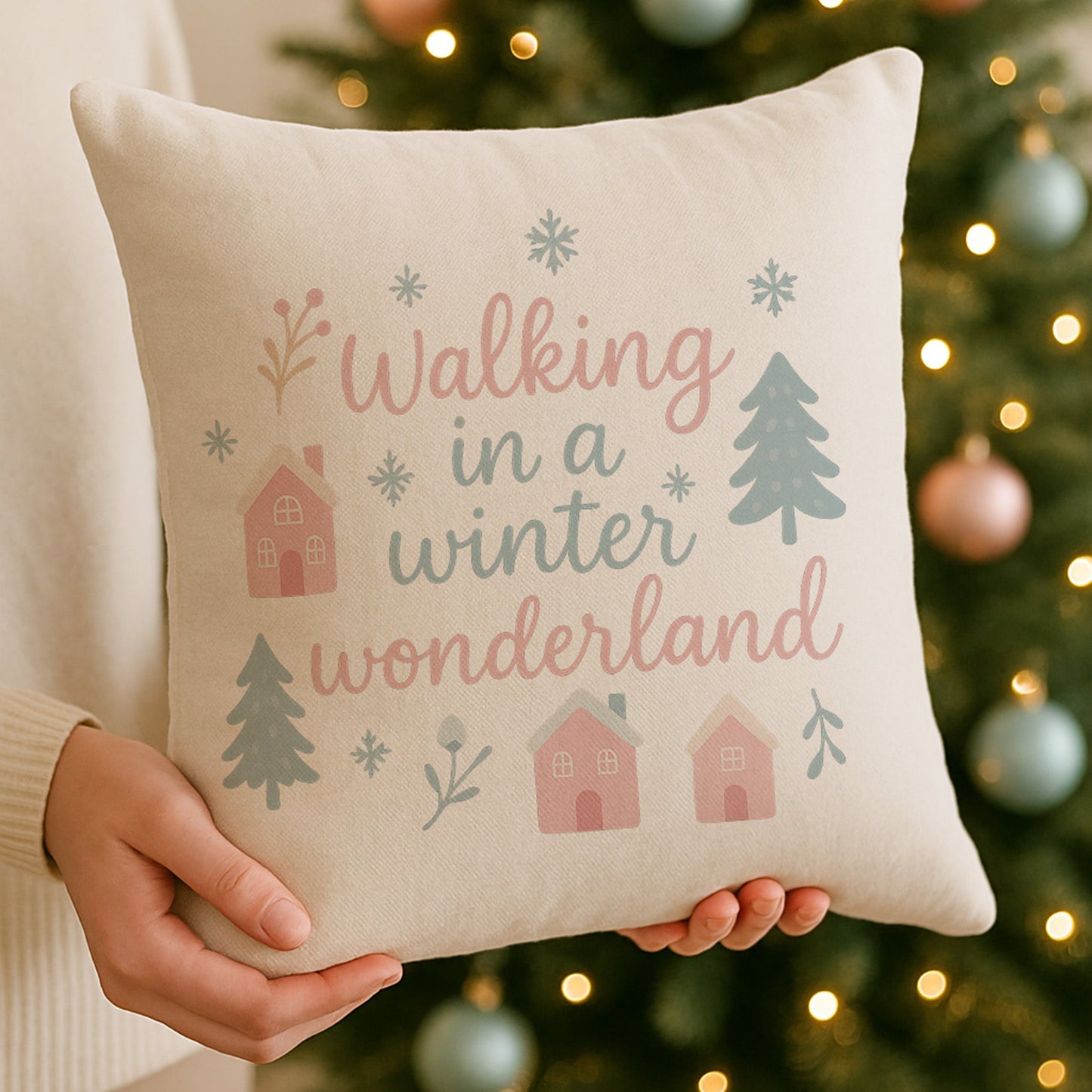 Winter Wonderland Christmas Cushion - Pastel Pink and Blue