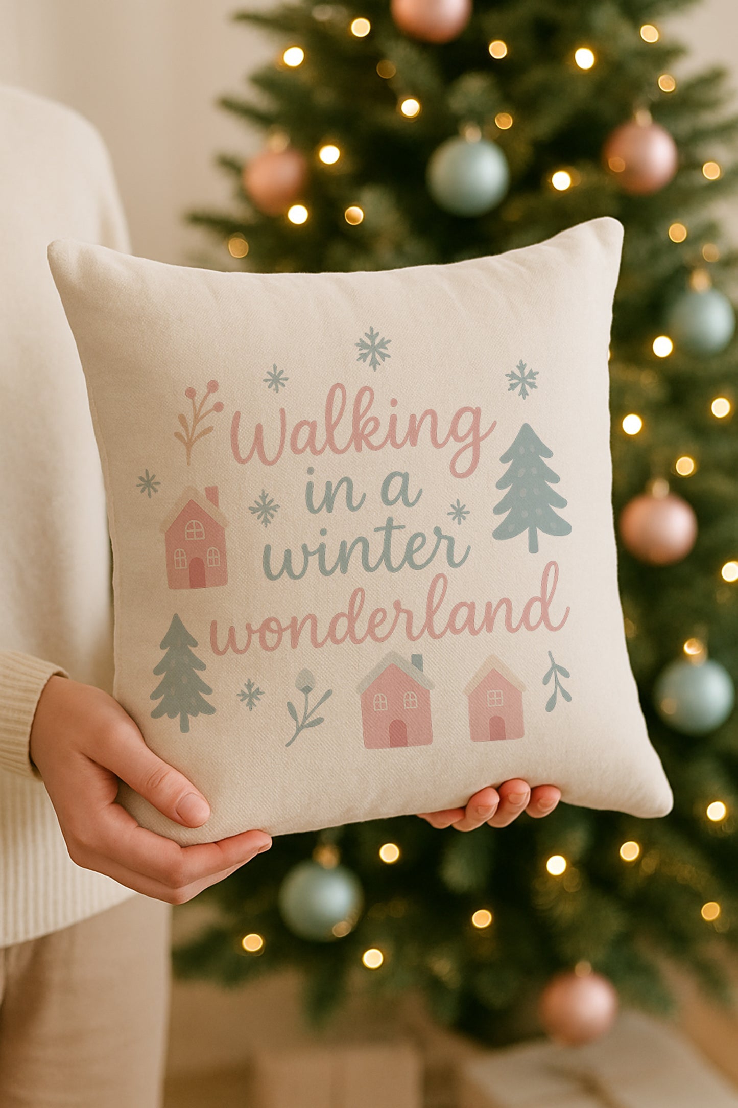 Winter Wonderland Christmas Cushion - Pastel Pink and Blue