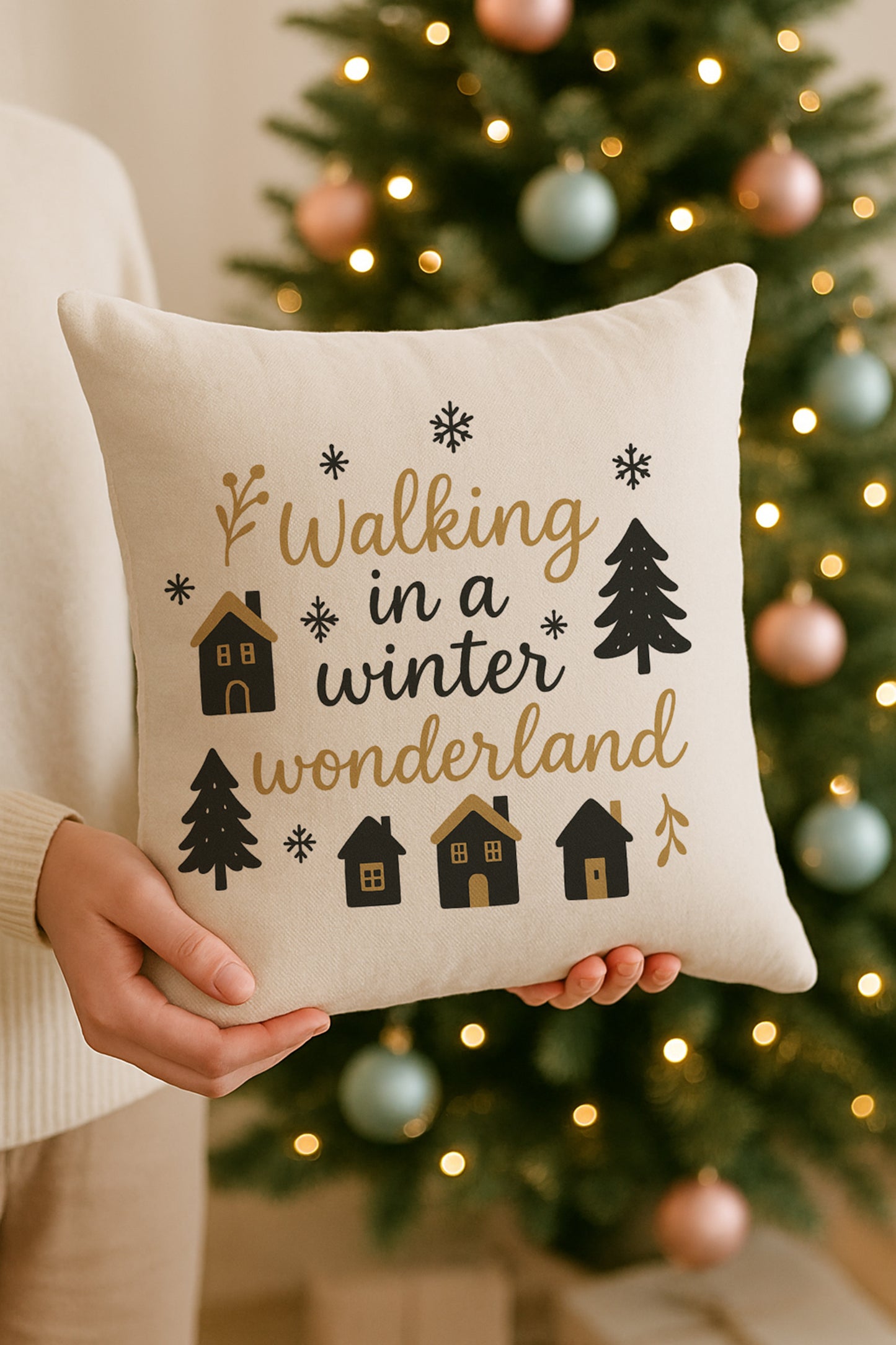 Winter Wonderland Christmas Cushion - Gold and Black