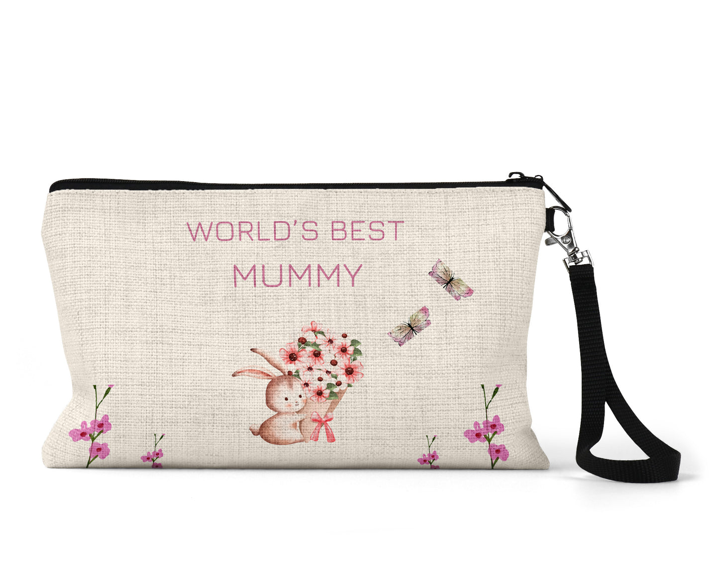 Unique personalised pouch with floral design and adorable bunny illustration, featuring the message “World’s Best Mummy” – a thoughtful and heartfelt gift idea for mums.
