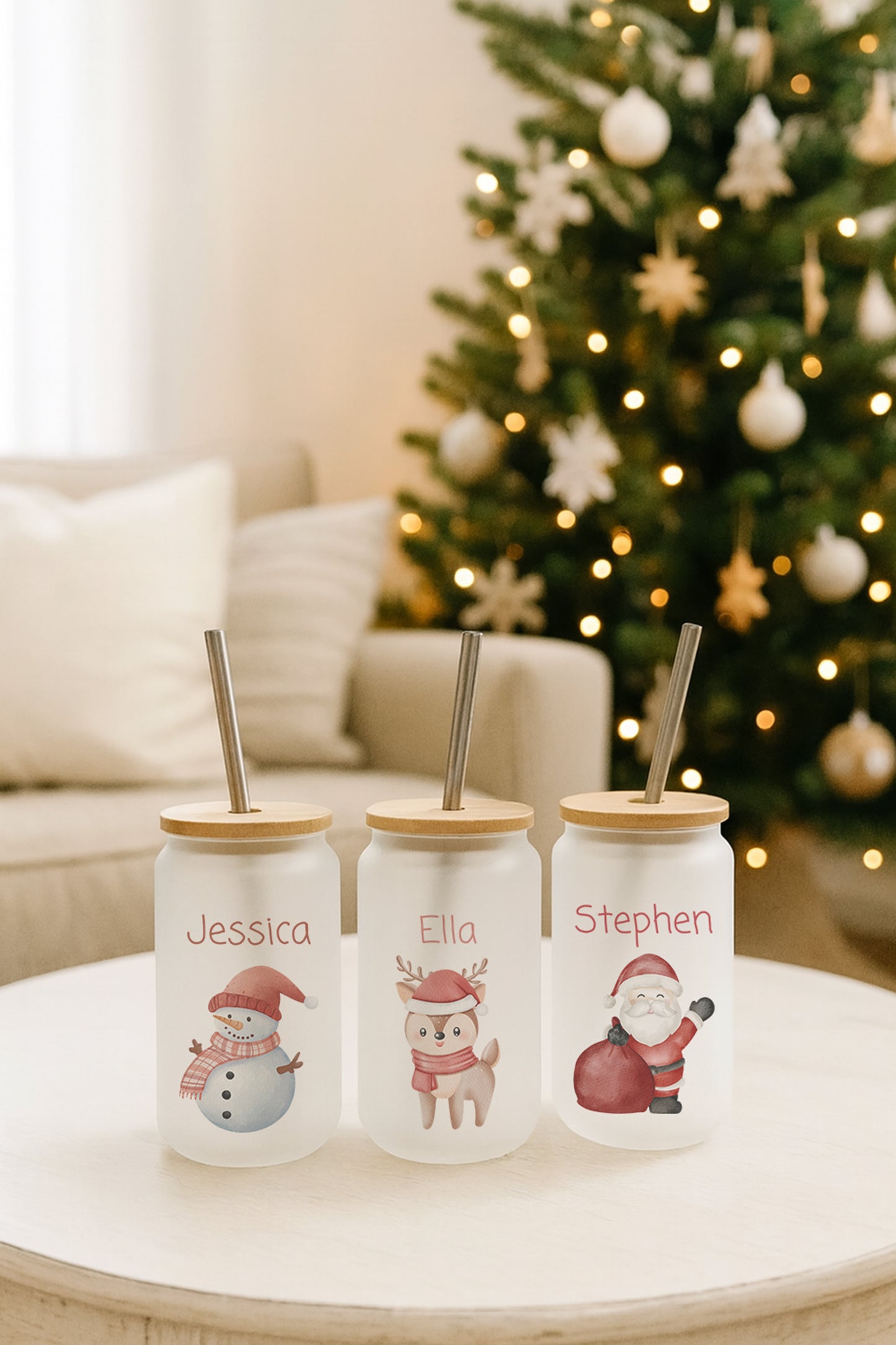 Personalised Christmas Drinking Glasses - Tumblers With Straw - Santa, Reindeer & Snowman Design