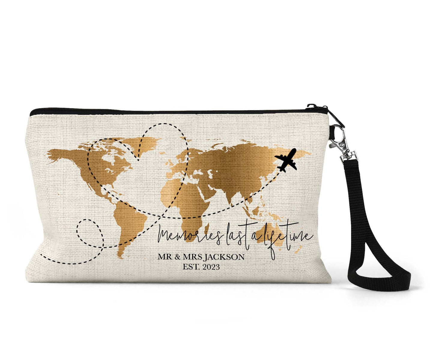 Custom linen-look wristlet pouch featuring gold world map, airplane flight path, and the phrase “Memories last a lifetime.” Personalised with couple’s names and wedding year, making it a perfect passport holder or travel accessory for newlyweds.