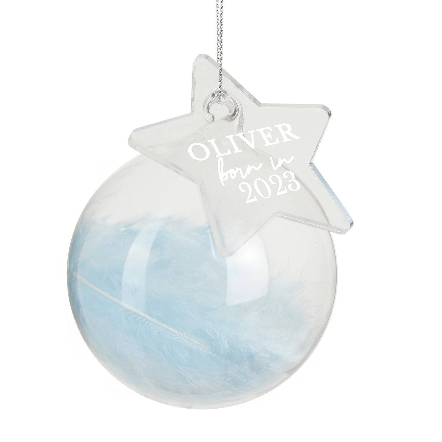 A personalised glass bauble with a blue feather design and a star tag, with the text 'OLIVER born in 2023' inscribed on the tag.