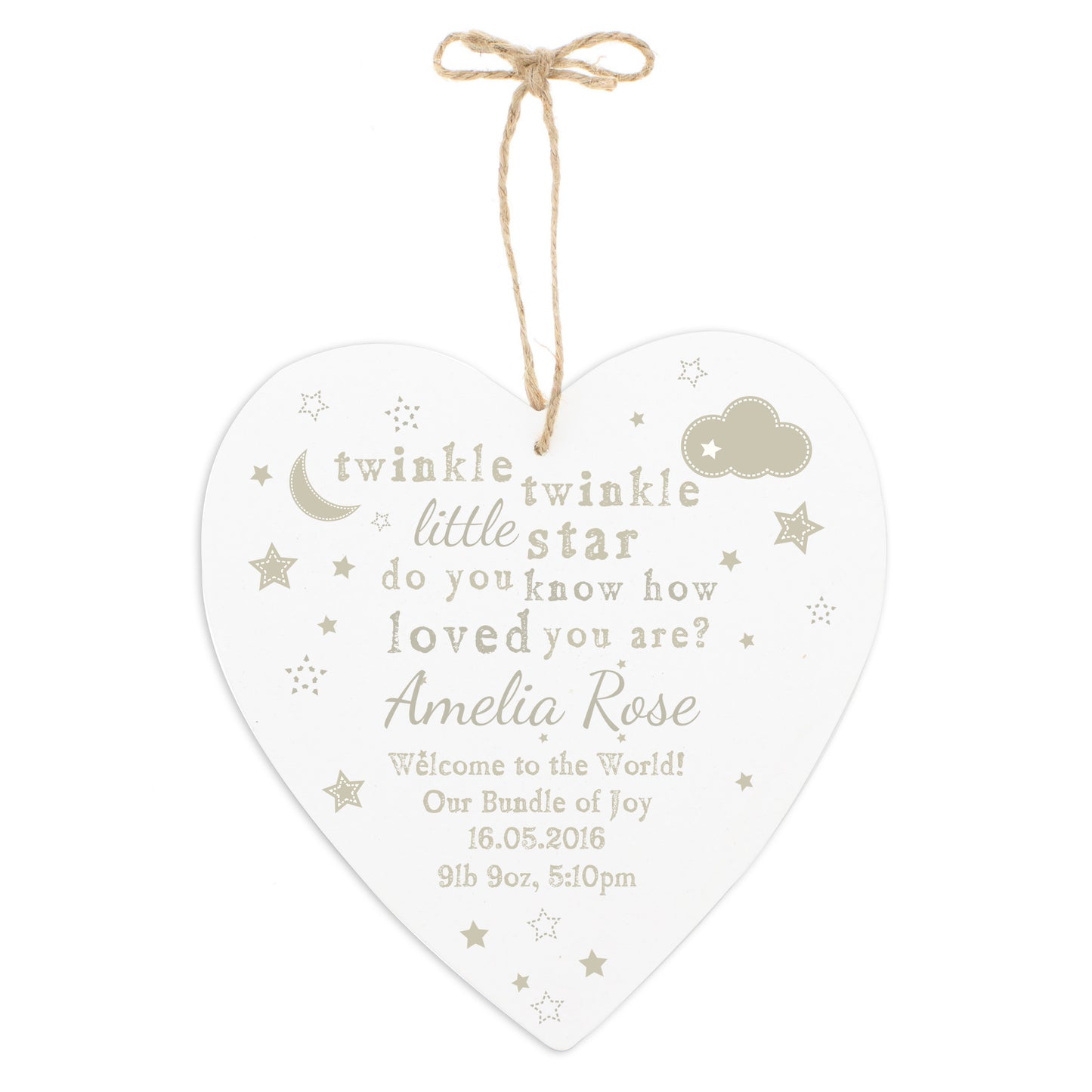 Personalised Twinkle Twinkle 22cm Large Wooden Heart Decoration