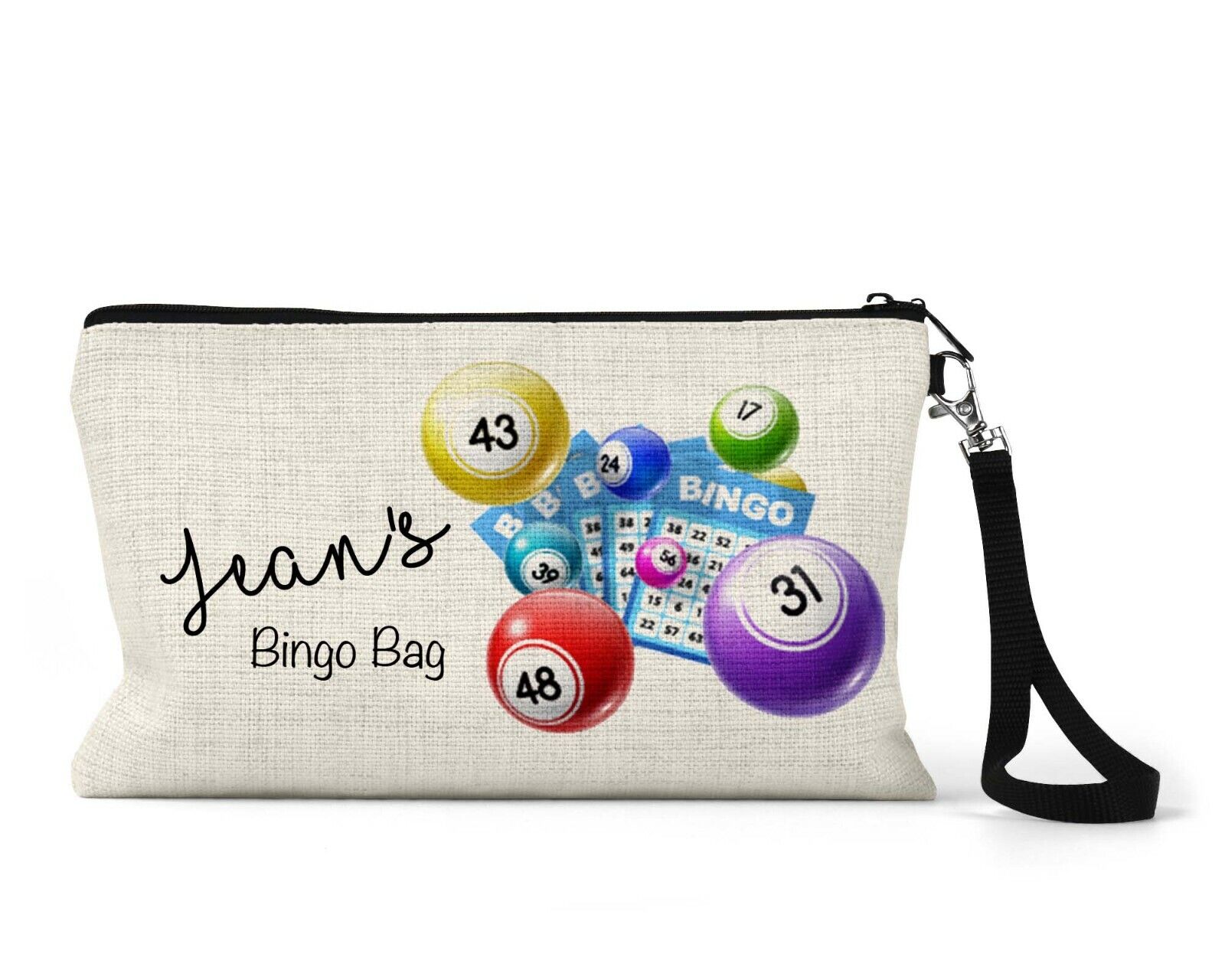 A beige linen font Bingo Bag with multicolored bingo balls and the text 'Jean's Bingo Bag' printed on the front, along with a graphic of a bingo card and dice.