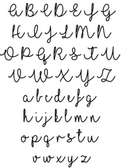 A display of the full English alphabet in a playful, continuous cursive font, showing both uppercase and lowercase letters in black on a white background. The style is whimsical and elegant, often used for personalised gifts or crafts.