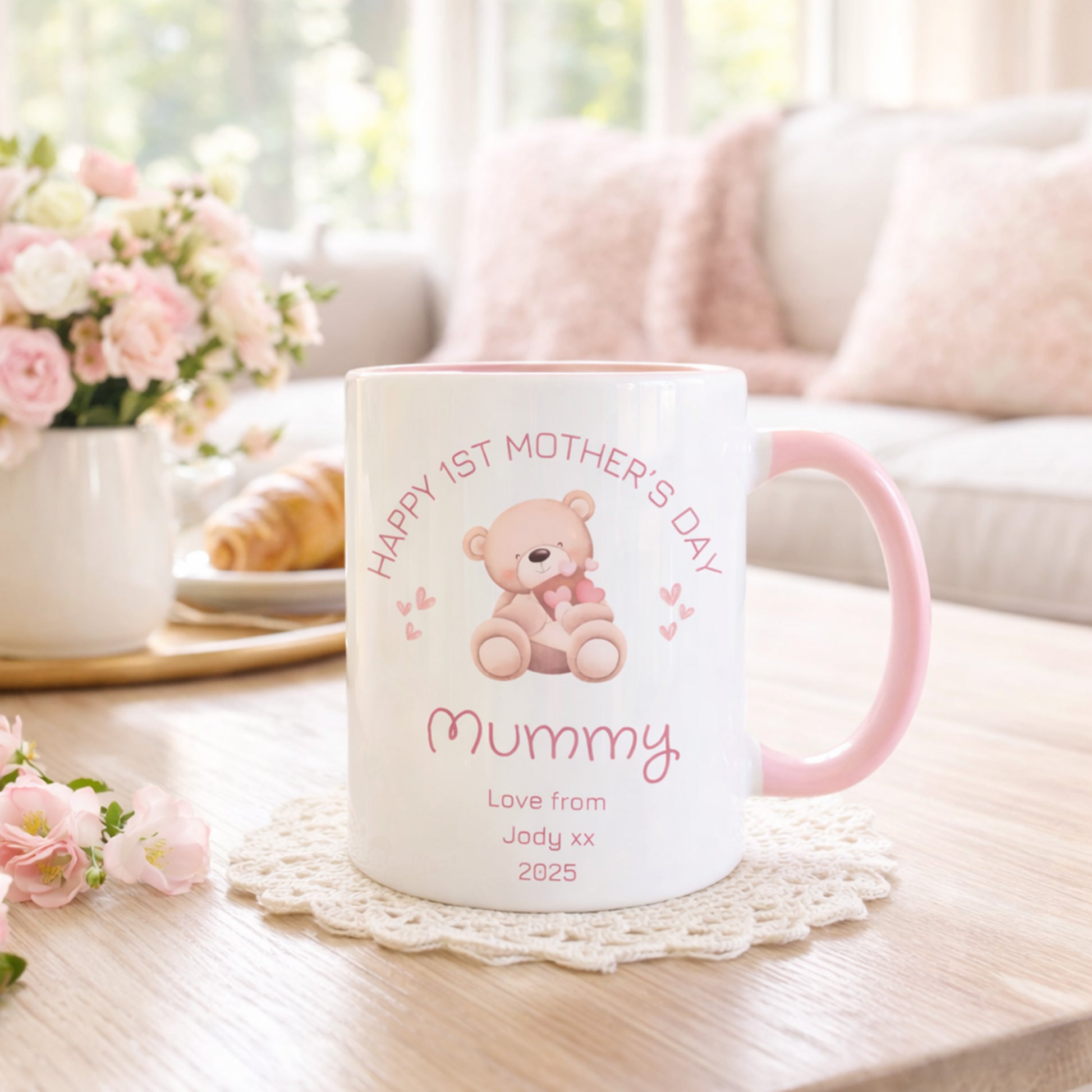 Personalised 'Happy 1st Mother’s Day' mug with pink handle, teddy bear and heart design, and custom name and year, gift for new mummy