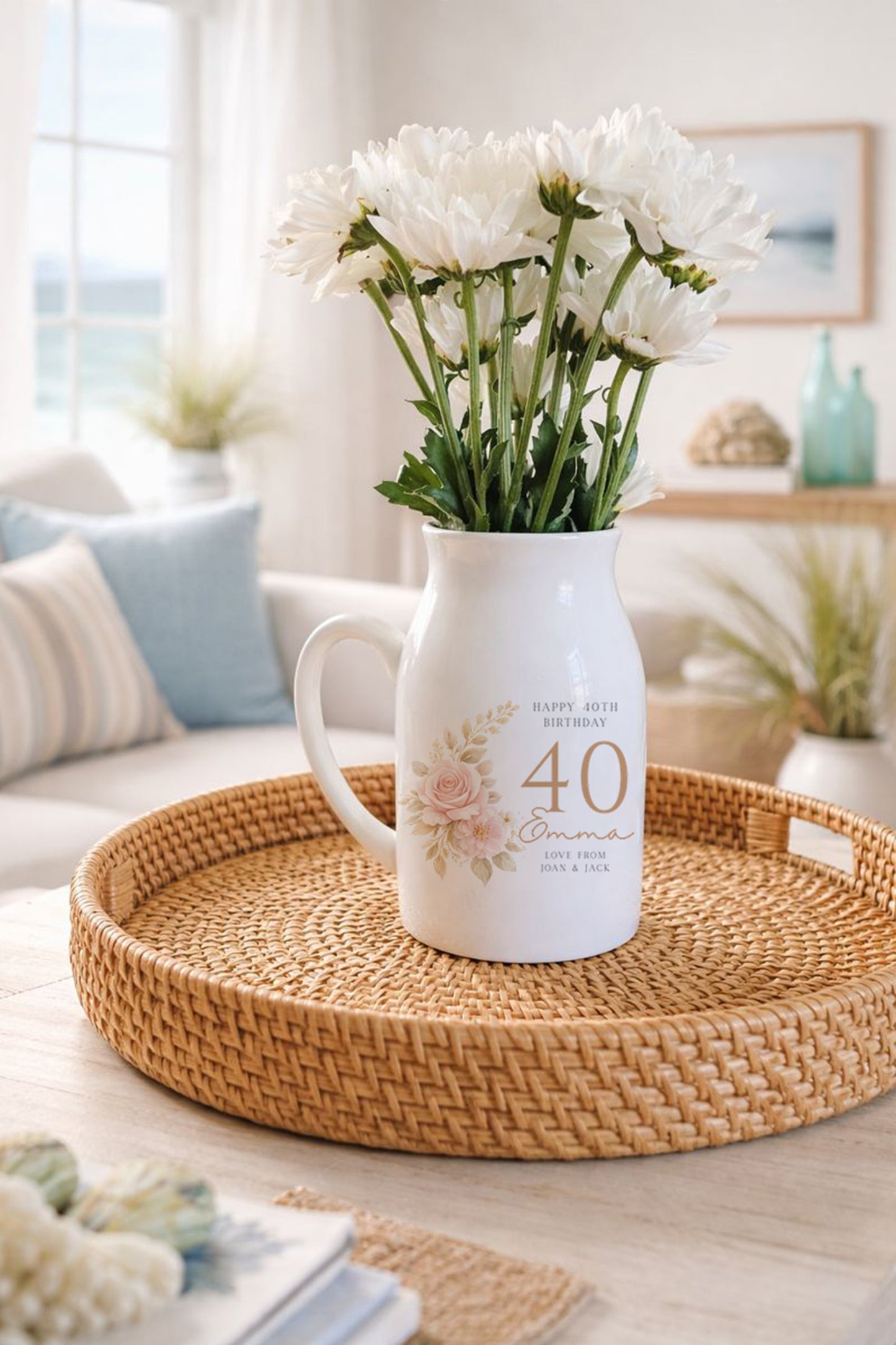 Personalised 40th Birthday Gift – Small Floral Flower Jug Vase, Milestone Keepsake Present for Mum, Friend, Nan