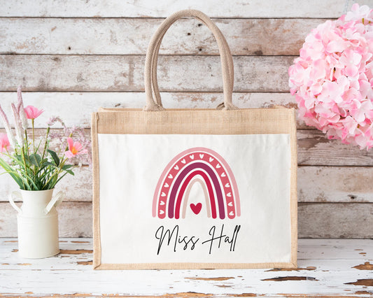 Personalised teacher jute tote bag with pink rainbow and heart design, custom name 'Miss Hall', perfect end-of-year gift idea for female teachers