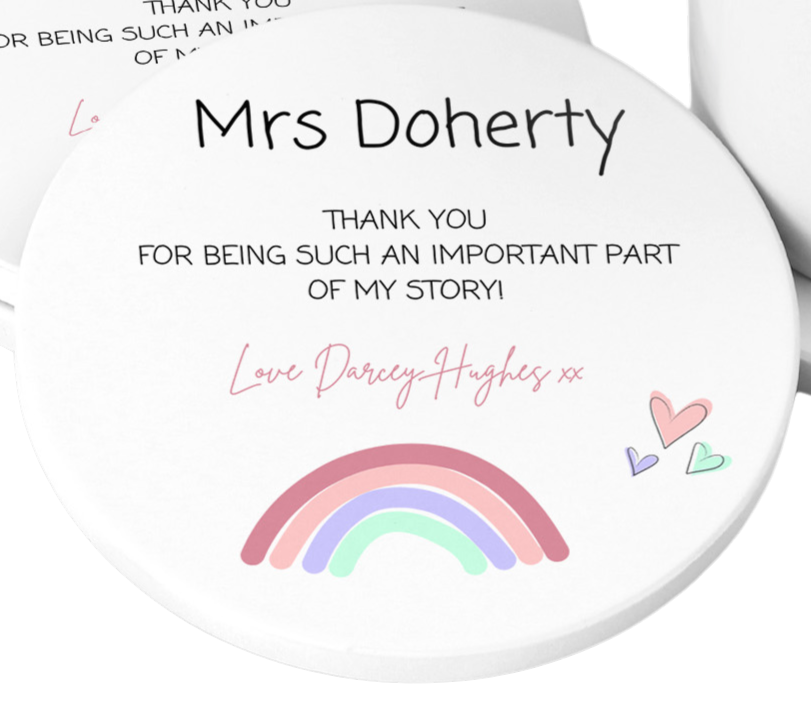 Matching personalised white coasters for teachers, displaying the same thank-you message and rainbow-heart design as the mug. A perfect coordinated gift set for showing appreciation to a special teacher.